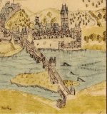 Ausschnitt aus dem Mascop-Plan von 1575 mit der Mainbrücke und der Fischervorstadt