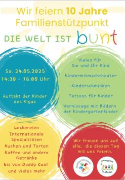 Plakat zum Familienfest, bunte Kreise auf weißem Hintergrund