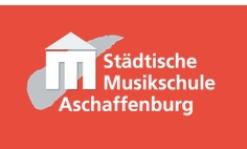 Logo der Musikschule, weiße Schrift auf rotem Hintergrund
