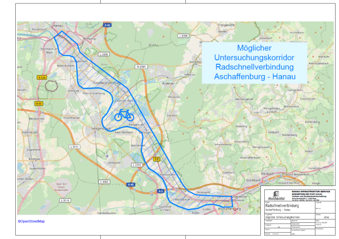 Karte mit der Darstellung des Untersuchungskorridors der Radschnellverbindung Aschaffenburg - Hanau