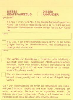 Bild zeigt den Aufkleber, der an Altfahrzeugen angebracht wird, die im öffentlichen Raum abgestellt wurden