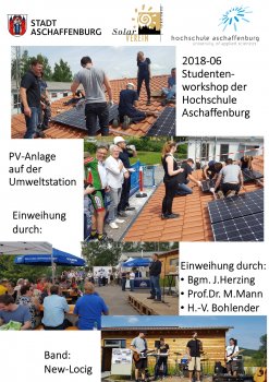 Studenten der Hochschule montieren eine Photovoltaikanlage auf dem Dach der Umweltstation