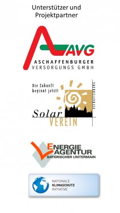 Logos der Unterstützer: AVG, Solarverein, Energieagentur Bayerischer Untermain und Nationale Klimaschutzinitiative