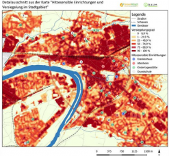  Darstellung des Versiegelungsgrades und der hitzesensiblen Einrichtungen in Aschaffenburg in einer Karte