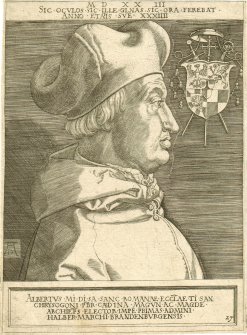 Kupferstich, der Albrecht von Brandenburg zeigt.