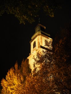 Der beleuchtete Turm durch die Baumwipfel des Schöntalparks aus gesehen
