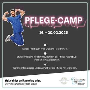 Bild vergr&ouml;&szlig;ern: Werbung für Pflege-Camp. Pfleger mit Daten und Infos zum Camp.