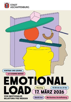 Bild vergr&ouml;&szlig;ern: Plakat für den Vortrag Emotional Load. Viele Elemente, Buch, Kreis, Würfel fallen in einen Kopf