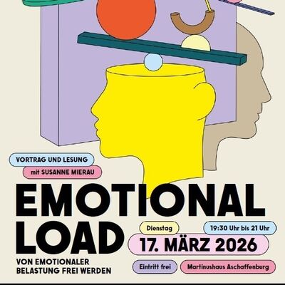 Plakat für den Vortrag Emotional Load. Viele Elemente, Buch, Kreis, Würfel fallen in einen Kopf