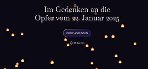 Bild vergr&ouml;&szlig;ern: Screenshot der Webseite zum Erinnerungsort Schöntal. Kerzen leuchten vor dunklem Hintergrund. Schrift erscheint "Im Gedenken an die Opfer vom 22. Januar 2025.