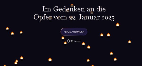 Screenshot der Webseite zum Erinnerungsort Schöntal. Kerzen leuchten vor dunklem Hintergrund. Schrift erscheint "Im Gedenken an die Opfer vom 22. Januar 2025. 