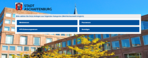 Bild vergr&ouml;&szlig;ern: Screenshot der Startseite zur Terminvereinbarung im Bürgerbüro. Kategorien zur Auswahl, Rathaus im Hintergrund.