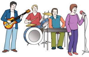 Bild vergr&ouml;&szlig;ern: Musikgruppe mit Gitarre, Schlagzeug, Keyboard und Gesang