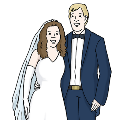 Brautpaar. Der Mann trägt einen schwarzen Anzug, die Frau ein weißes Kleid mit Schleppe