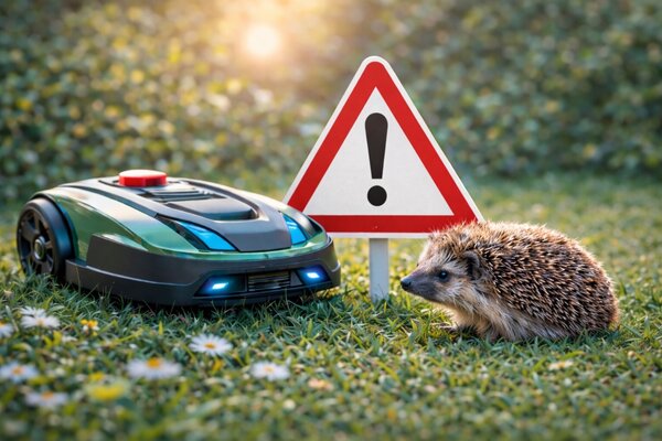 Symbolfoto: ein Igel kreuzt den Weg eines Mähroboters. Zwischen den beiden steht ein Schild mit einen Ausrufezeichen