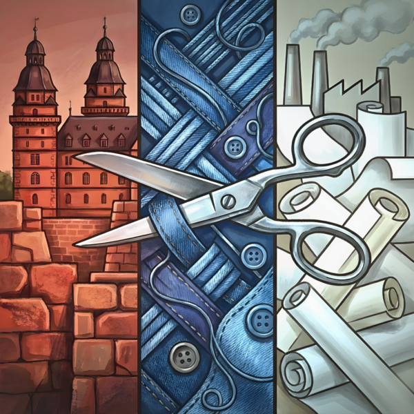 Dreiteiliges Bild: Schloss Johannisburg mit Steinen in sandsteinrot, Schere mit Stoff in blau und Papier mit Fabrik in grau. 