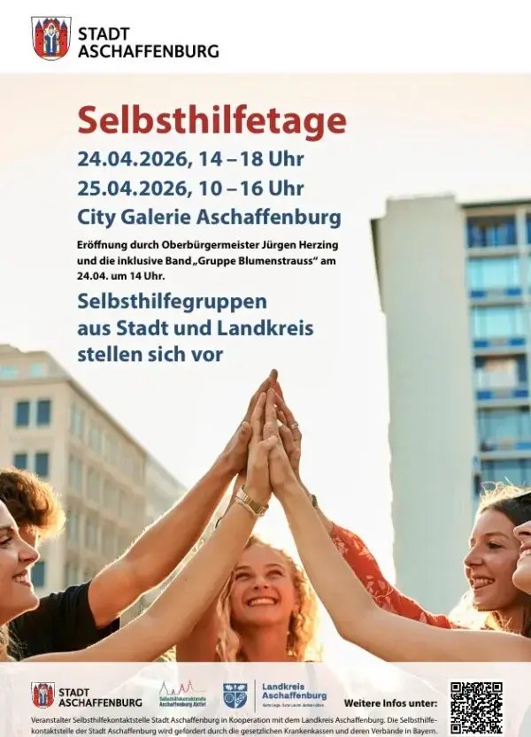 Plakat Selbthilfetage: junge Menschen halten einen Arm nach oben und berühren sich mit der Handfläche in der Mitte. 