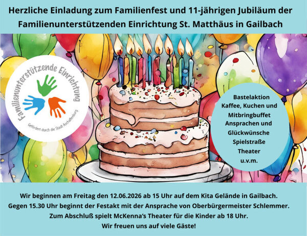 Flyer zum Jubiläumsfest mit Geburtstagstorte und Infos