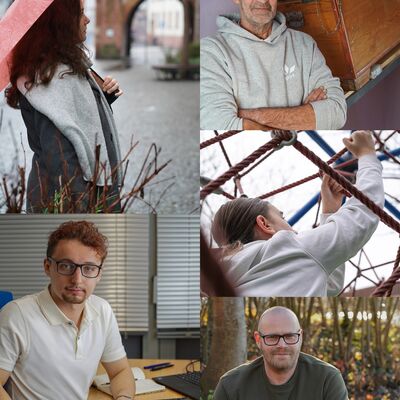 Fünf Menschen aus Aschaffenburg sind zu sehen. 3 schauen direkt in die Kamera, zwei sind von der Seite zu sehen. Das Bild ist eine Collage der einzelnen Fotos. 