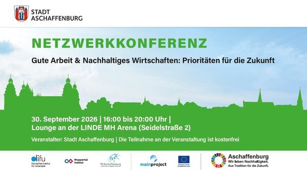 Bild vergr&ouml;&szlig;ern: Silhouette der Altstadt von Aschaffenburg in grün. Darüber die Schrift Netzwerkkonferenz. 30. September, 16 Uhr, Longe an der LINDE MH Arena.