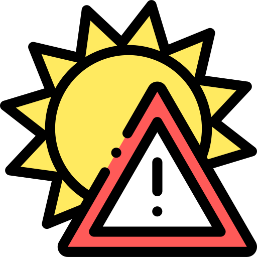 Sonne, davor ein Warndreieck mit Ausrufezeichen