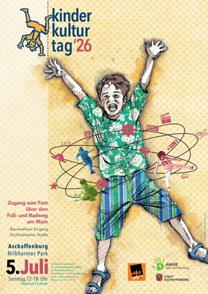 Bild vergr&ouml;&szlig;ern: Werbeplakat für den Kinderkulturtag 2026. Kind springt fröhlich in die Luft, die Arme nach oben gestreckt.
