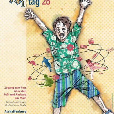 Werbeplakat für den Kinderkulturtag 2026. Kind springt fröhlich in die Luft, die Arme nach oben gestreckt. 