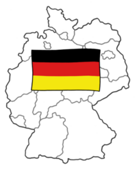 Bild vergr&ouml;&szlig;ern: Deutschlandkarte mit den Bundesländern schwarz/weiß, nur Umriss, Deutschlandfahrne darüber