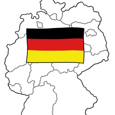 Deutschlandkarte mit den Bundesländern schwarz/weiß, nur Umriss, Deutschlandfahrne darüber