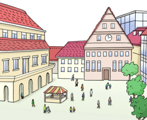 Bild vergr&ouml;&szlig;ern: Zenzraler Platz einer Stadt mit Rathaus und Markplatz