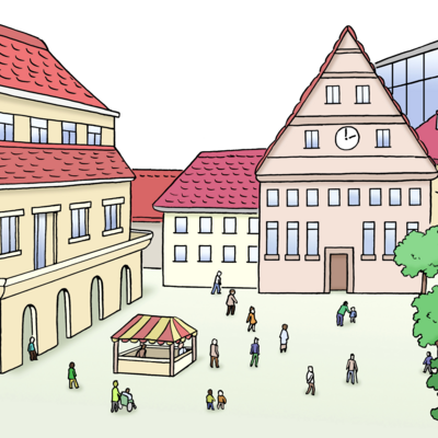 Zenzraler Platz einer Stadt mit Rathaus und Markplatz