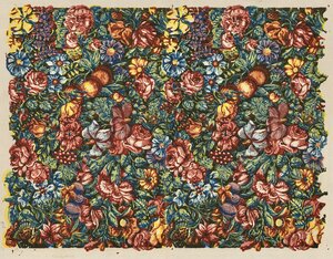 Bild vergr&ouml;&szlig;ern: Modeldruckpapier, mehrfarbiger Druck, Anfang 20. Jahrhundert. Blumen bunt über das ganze Papier verteilt. Diese Modeldruckpapiere wurden mit historischen Druckstöcken aus dem 18. Jahrhundert der Firma Remondini aus Bassano gedruckt und von Giuseppe Rizzi in Varese vertrieben.