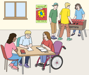 Bild vergr&ouml;&szlig;ern: Illustration Jugendliche in einem Jugendtreff
