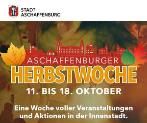 Bild vergr&ouml;&szlig;ern: Ausschnitt aus dem Werbeplakat für die Herbstwoche. Silkouette der Altstadt, im Hintergrund Herbstblätter