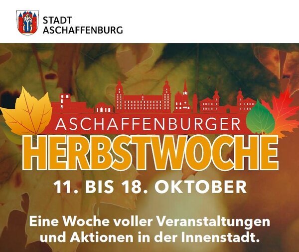 Ausschnitt aus dem Werbeplakat für die Herbstwoche. Silkouette der Altstadt, im Hintergrund Herbstblätter