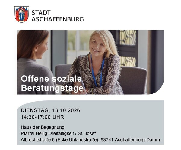 Stadtwappen, darunter 2 Frauen im Beratungsgespräch + Info des ersten Beratungstermins am 13. Oktober