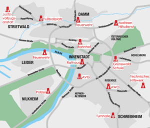 Bild vergr&ouml;&szlig;ern: Übersichtskarte mit den Notfallmeldestellen (Leuchttürmen) in der Stadt.