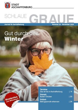 Bild vergr&ouml;&szlig;ern: Titelbild der Seniorenzeitschrift Schlaue Graue. Ältere Frau hält ein herbstlich gefärbtes Blatt vor ihr Gesicht.